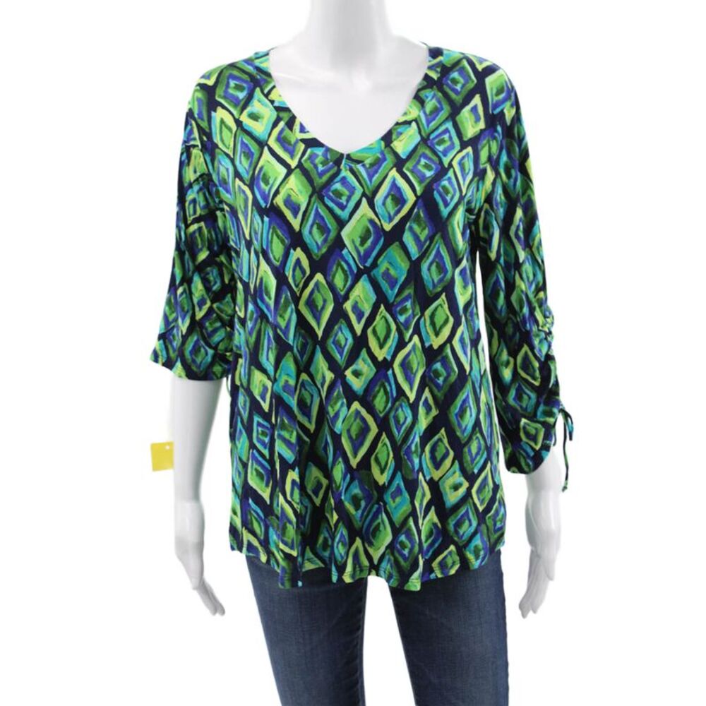 Pure Essence Women Geometric V-Neck 3/4 Sleeve Pullover Blouse Green Size M